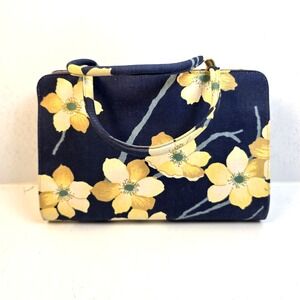 Vtg Margaret Smith 1960's Cloth Fabric Purse Handbag Dark Blue Botanical MCM